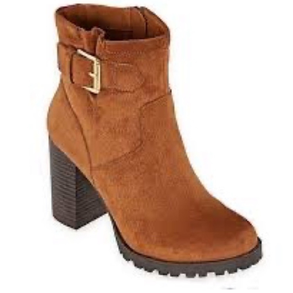 ANA RONNIE CHESTNUT SUEDE CHUNKY BLOCK HEEL BUCKLE STRAP ANKLE BOOTIES SIZE 10